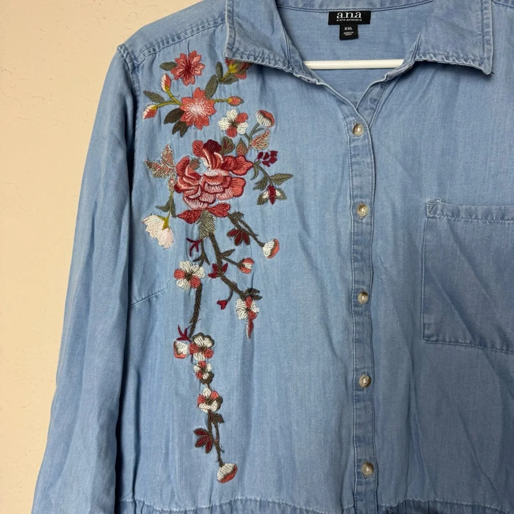 ana Embroidered Chambray Dress Long Sleeve Button Down Waist Tie Size XXL - Picture 6 of 8